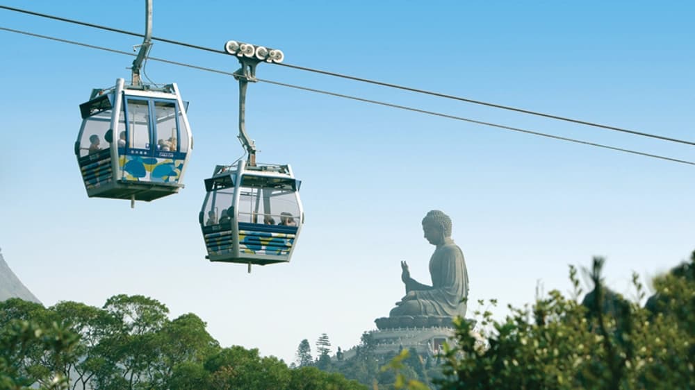 Tian Tan Buddha and the Ngong Ping plateau on a clear day